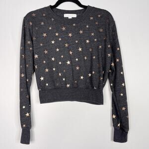 Spiritual Gangster XS Gray Gold Starry Vibes Metallic Star Cropped Sweatshirt